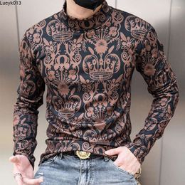 Camisetas para hombre, camisetas de manga larga cálidas Retro de lujo de otoño, camiseta informal de cuello medio alto para hombre, ropa de calle Social, camisa de fondo