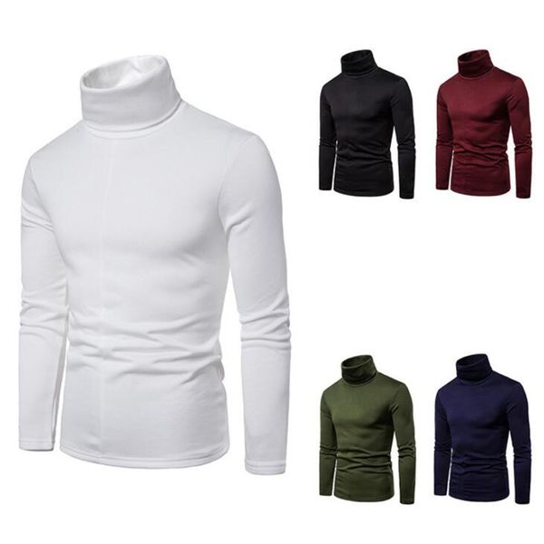 T-shirts pour hommes automne pull à col roulé couleur unie mince Stretch mince à manches longues t-shirt hommes ops vêtements