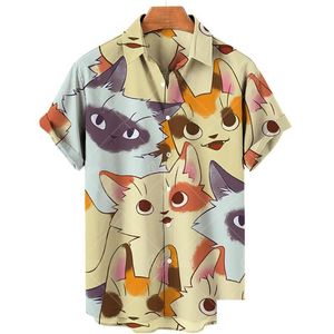 T-shirts pour hommes T-shirt imprimé chat été 2022 coton doux vêtements 3D hommes/femmes col en V boutons de mode personnalité hauts revers hawaïen Dr Dhyiv