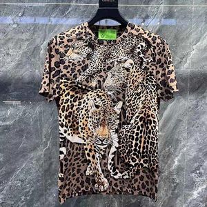 Heren T Shirts Europese en Amerikaanse 2024 Summer Boys Girls Round Neck slanke korte mouw T-shirt Leopard Print Top