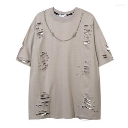 T-shirt manches courtes pour hommes, Streetwear, surdimensionné, décontracté, avec trous déchirés, couleur unie, été, Harakuju