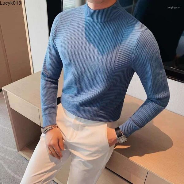 Camisetas para hombre Azul claro Estilo británico Elegante Jersey Cuello alto Caballero Jumper Vintage Suéter de punto Slim Fit Bottoming