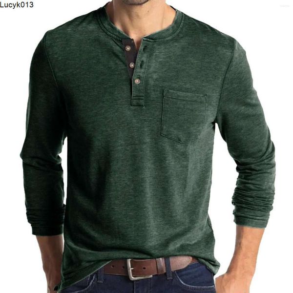 T-shirts pour hommes hommes printemps et automne bouton col rond couleur unie chemisier à manches longues poche haut chemise à bascule
