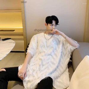 Heren T Shirts Men Summer Black White Feather Oversized Long Shirt Sexy Hollow Out Nightclub Stage Kostuum Hip Hop Mesh Tee