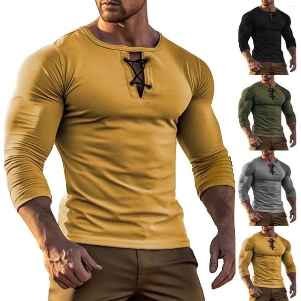 Camisetas para hombre Cuello redondo Color sólido con botones Camisa de manga larga Henley Casual Sports Bottom Heavy para hombres