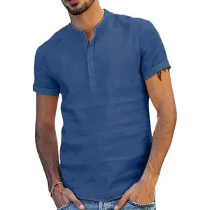 T-shirt à col montant pour homme, élégant, boutonné, pour vêtements d'affaires décontractés, couleur unie, manches courtes, coupe ample