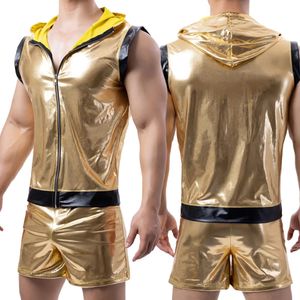 Heren tanktops boxershorts shorts mouwloos vest met capuchon goud glanzend strak leer clubwear set pak toneelkostuum 240129