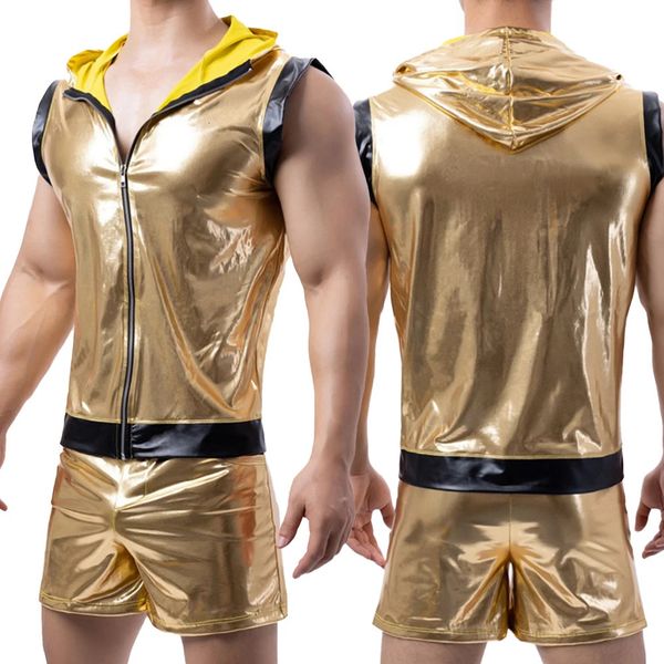 Hommes débardeurs Boxer slips Shorts sans manches à capuche gilet or brillant serré en cuir Clubwear ensemble Costume scène Costume 240129