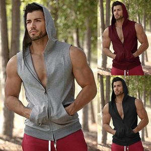 Mens tanktops Brand Gyms Hooded Double Zipper Men Bodybuilding katoen mouwloos vest sweatshirt fitness workout sportkleding top man 230524