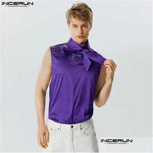 Heren Tanktops Incerun 2024 Mannen Pailletten Glanzende Opstaande Kraag Vastbinden Mode Mouwloze Vesten Zomer Streetwear Feestkleding S-5Xl Drop Otklx