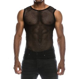 Mens tanktops Sexy top transparant mesh Undershirt Fishnet Vest String Mouwloze shirts Mannelijk Zie door nachtclubkleding slanke sport 230509