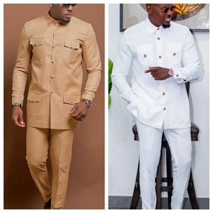 Mens Temos Wedding Twee -delige pak Mens jurk lange broek shirt vaste kleur lange mouw feest Afrikaanse etnische stijl kleding 240403