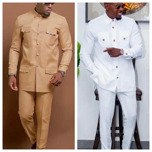 Hommes Temos mariage deux pièces costume hommes robe pantalons longs chemise couleur unie à manches longues fête Style ethnique africain vêtements 240227