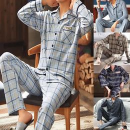 Heren Thermische Pyjama Sets Met Knoppen Casual Broek Met Lange Mouwen Housewear Pak Winter Herfst Geruit Patroon Nachtkleding 240307