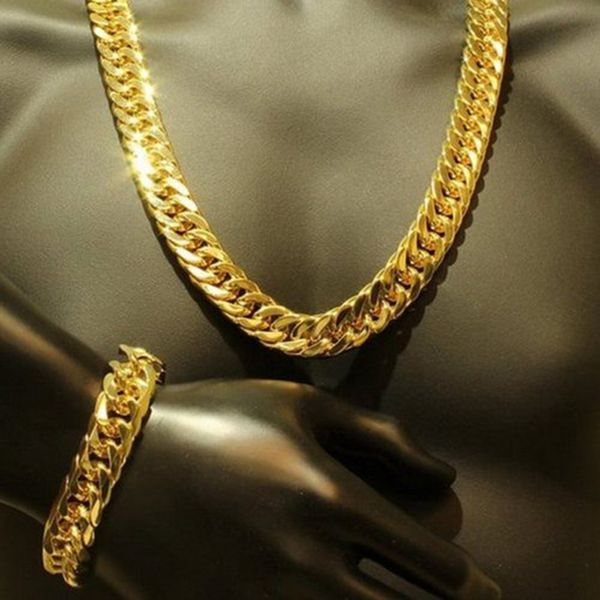 Ensemble de chaîne et bracelet à maillons cubains épais en or jaune 24 carats pour homme, 1,0 cm de large (24 pouces, 9 pouces)