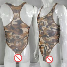 Body string dos pour homme extensible coupe haute dos nageur G1280 imprimé camouflage maille C-thru transparent 290p