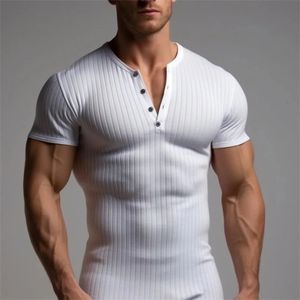 T-shirt pour hommes T-shirt Summer Sports Fitness Vêtements Muscle Slimming Slim Fit Short à manches V V-Neck Casual Top 240428