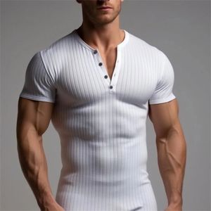 Heren met schroefdraad T-shirt Zomer Running Sports Fitness Muscle Slim Fit Short Sleeve T-Shirt V-Neck Collar Casual Tops 240403