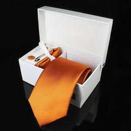Cravate en soie pour hommes, 8cm, cravate formelle, mouchoir, boutons de manchette, coffret cadeau, cravates jaunes rouges solides pour hommes d'affaires, cadeau de mariage, fête 240123