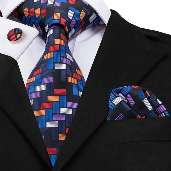 Corbatas para hombre Corbata geométrica hecha a mano Corbata tejida de seda Conjunto para hombres Negocios Boda Cuello Gemelos cuadrados