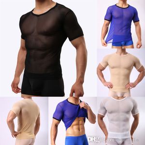 T-shirt à manches courtes pour hommes, vêtements serrés, maille transparente, Sexy, respirant, sport