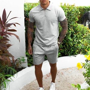 Hommes Survêtement Coton Solide Couleur À Manches Courtes Fermeture Éclair Polo ShirtShorts Ensemble pour Hommes Casual Streetwear 2 pièces Costume D'été 220526