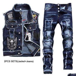 Heren tracksuits 2023 Nieuwe blauwe mannen 2 stuks sets mode slanke casual borduurwerk SKL denimvest en haveloze verf patch stretch jeans CO2 DHWS0