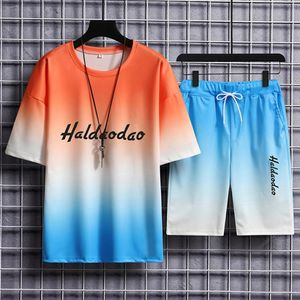 Survêtements pour hommes 2PcsSet Summer Men Sursuit Set Oneck Short Sleeve Wide Leg Drawstring Tenues Gradient Color Tshirt Shorts Jogging Suit 230724