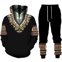 Survêtements pour hommes Africain Dashiki HoodieSuit Casual 3D Imprimé Style Ethnique Sweat Pantalon Ensemble MenWomen FolkCustom Streetwear Survêtement 230207