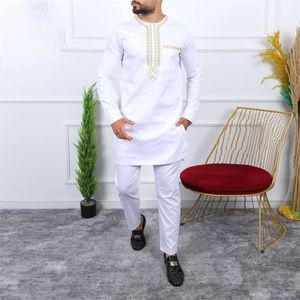 Mens tracksuits African Two -Piece Sets Round Neck Pocket Casual Geel Print Lange Mouw Shirt Top en broek Ethnic Style Wear 230815