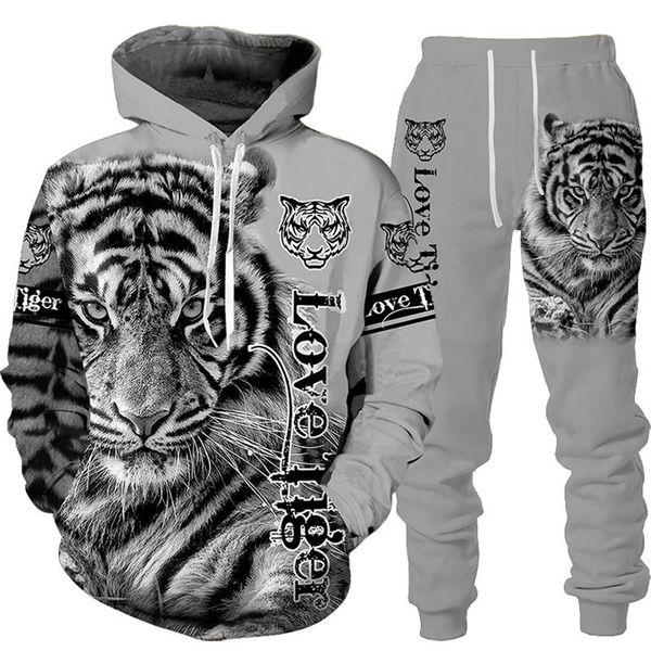 Chándales para hombre Animal 3D Tigre Impreso Sudadera con capucha Pantalones Traje Cool MenWomen 2 piezas Sportwear Conjunto de chándal Otoño e invierno Ropa para hombre 220905