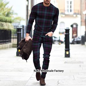 Survêtements pour hommes Automne Europe et Amérique Survêtement Set 3D Plaid Imprimé Casual Manches Longues TshirtsTrousers Costume Tenues Pantalons de Jogging 221124