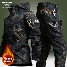 Survêtements pour hommes Camo militaire polaire ensembles chauds hiver peau de requin peau de requin veste tactique armée cargo pantalon extérieur multipoche costume imperméable 231216