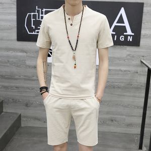 Hommes Survêtements Casual Couleur Unie Coton Lin Hommes Deux Pièces Ensembles D'été À Manches Courtes Bouton Slim Tops Et Shorts Costumes Hommes Streetwear 230511