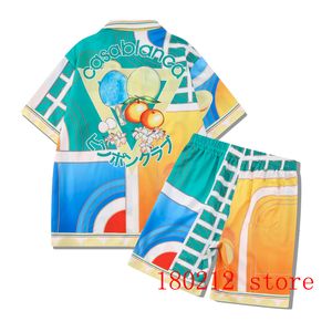 Survêtements pour hommes Coloré Splic CASABLANCA Raquette de tennis de table Orange Flower Shorts Set Hommes Femmes Hawaii Beach Holiday Shirt Suit 230710