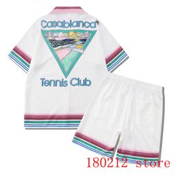 Heren Trainingspakken Kleurrijke Streep Casablanca Tennis Club Shorts Shirt Set Mannen Vrouwen Thic Stof Hawaii Beach Mountain Patroon Pak 230710