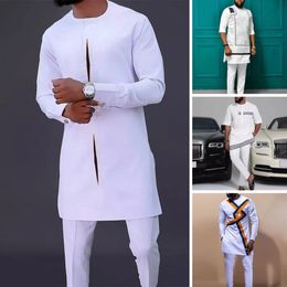 Mens tracksuits dashiki met lange mouwen shirt witte broek set 2 stuks outfitpak traditionele mannelijke kleding t -shirt pant pakken voor 230321
