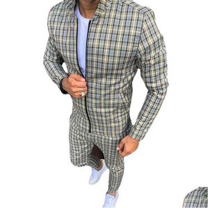 Mens tracksuits Fashion Jackets Sets Colorf Plaid Men Casual Zipper Set Autumn Tops broek Mannelijke sweatshirt pocket drop levering kleding OTPD8