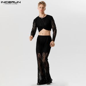 Hommes Survêtements Mode Hommes Ensembles Dentelle Transparent Streetwear Oneck À Manches Longues Crop Tops Pantalon 2 PCS Sexy Costumes De Fête S5XL INCERUN 230804