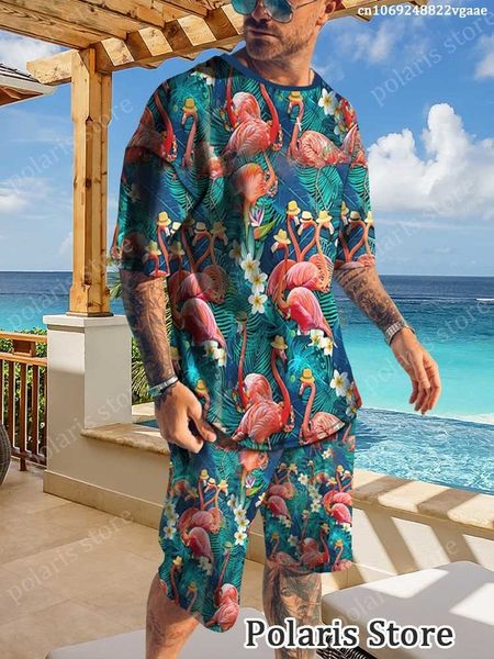 Survêtements pour hommes Flamingo Print Survêtement Style hawaïen T-shirt à manches courtes Shorts de plage 2 pièces Outfit Vêtements pour hommes Vêtements de sport surdimensionnés 230419