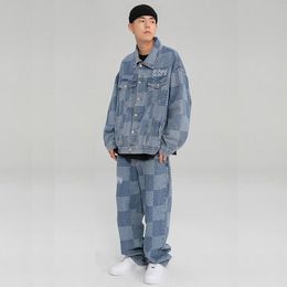 Chándales para hombre Gmiixder Hip Hop Denim 2pcs Traje Hombres Mujeres Trend Streetwear Chaqueta a cuadros y Punk BF Style Jeans Hombre Mujer Conjunto de dos piezas 230804