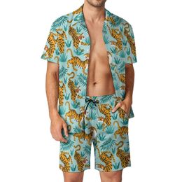 Hommes Survêtements Vert Tigre Tatouage Art Ensemble Imprimé Animal Chemise Décontractée Mode Plage Shorts D'été Deux Pièces Vêtements Plus La Taille 3XL 230718