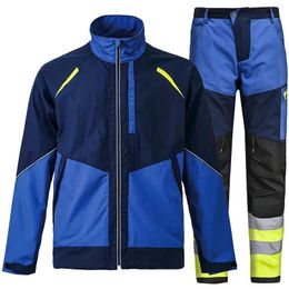 Trainingspakken voor heren Hoge zichtbaarheid Werkkleding Pak Werk Hi Vis Tweekleurige jas en broek met meerdere zakken Werkkleding 231206