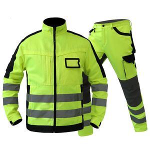 Heren Trainingspakken High Visibility Workwear Suit Work Fluorescerende Gele Jas en Broek Set met Multi Pockets Wear 230804