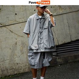 Fatos de treino masculino Japonês Conjunto de ferramentas funcionais Homens Camisa de manga curta de secagem rápida Shorts Terno Verão Solto Retro Sólido Multibolsos Homem 230804