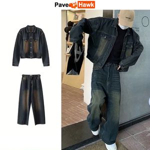 Hommes Survêtements Style Coréen Mâle Veste Ensemble Denim Solide Couleur Revers Manteau Large Jambe Droite Jeans Casual Lâche Deux Pièces Costume Unisexe 230731