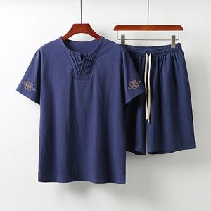 Survêtements pour hommes grande taille vêtements vintage survêtement mari été bleu maison costume lin t-shirt mode mâle ensemble chinois 8XL 9XL 230727