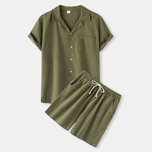 Heren tracksuits Men Outfit Set Zomer Solid Color Short Sleeveved Shirt Shorts Suite Katoen en Linnen Casual Male 230516