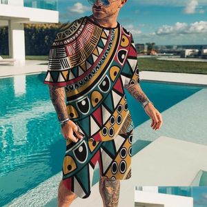 Survêtements pour hommes Hommes Survêtements d'été Costumes Série Totem Africain Sport Jogging Colorf T-shirt Tenues 3D Imprimé Respirant 2 Pièces Dr Dhxhw