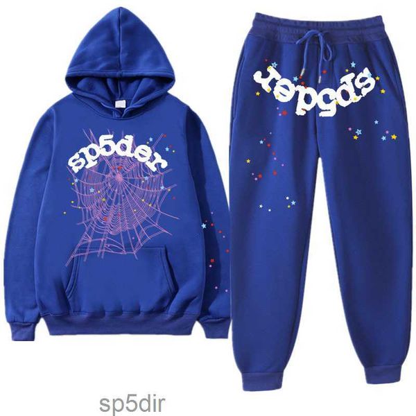 Survêtements pour hommes Hommes Bleu Sp5der 555555 Sweat à capuche Hommes Femmes Survêtement Spider Web Impression Pantalon et vêtements de sport Streetwear Young Thug Pull Ensembles 230303 A VPIT